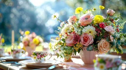 Outdoor table set for lunch. On the table there are dishes with a variety of food, drinks and flower arrangements.