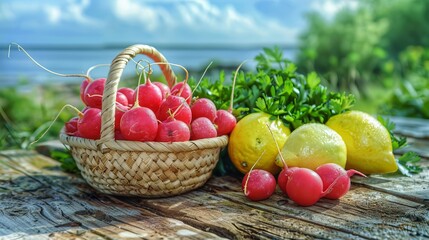 basket with red radishes located on a wooden table against a background of nature. Fresh lemons and herbs lie next to the basket