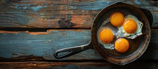Fried eggs sizzling in a rustic pan