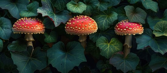 Red mushrooms amidst green leaves