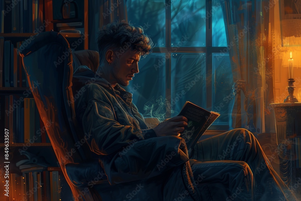 Aufkleber a man sits in a dimly lit room, holding a book but staring into space, lost in thought. the soft lig