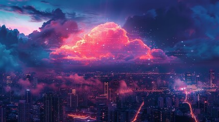 Obraz premium A stunning cityscape at dusk with vibrant pink clouds and glowing city lights. Perfect for themes of urban beauty and tranquility.