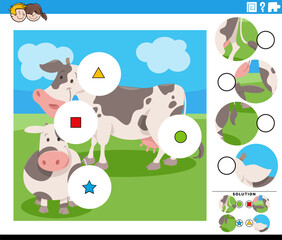 match the pieces game with cartoon cow and calf farm birds