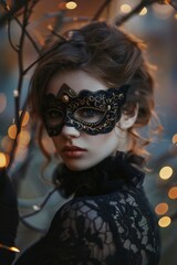 Fototapeta premium An Elegant women in masks celebrate Halloween with mystery