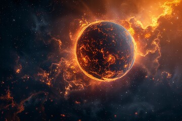 Obraz premium A Flaming sphere illuminated dark futuristic galaxy back