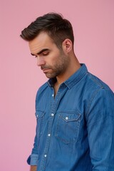 Fototapeta premium A Handsome man with blue shirt standing and looking down