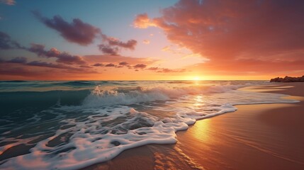 a dramatic sunset over the ocean with waves crashing on the sandy beach.