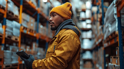 Fototapeta premium Young dark-skinned warehouse worker with a scanner making review of goods in large retail store. Concept of business, retail industry and trade. 