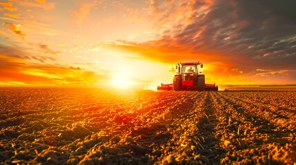 Fototapeta premium Tractor on a plowed field at sunset. Golden sun setting behind a farming vehicle. Concept of agriculture and cultivation. Vibrant rural scene perfect for illustrating farming themes. AI