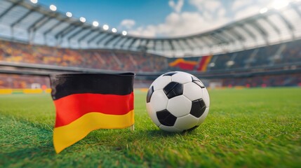 Naklejka premium Soccer ball on the field of the stadium with the German flag. Concept of UEFA European Football Championship. Football concept