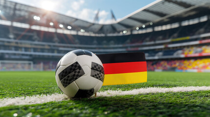 Fototapeta premium Soccer ball on the field of the stadium with the German flag. Concept of UEFA European Football Championship. Football concept