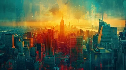 Obraz premium Sunset Modern Cityscape of New York City with Vibrant Colors