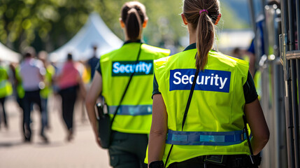 Two security guards patrolling an outdoor event, ensuring the safety of attendees