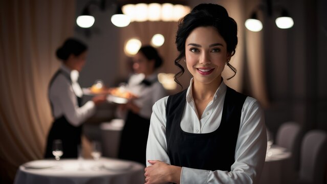 A woman in a restaurant with her arms crossed and smiling, AI