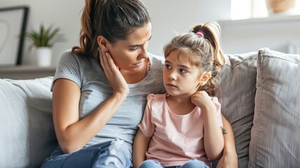 Mother comforting her upset daughter at home. Both sitting on a couch. Warm and emotional moment between parent and child. This image can be used for family, care or parenting topics. AI