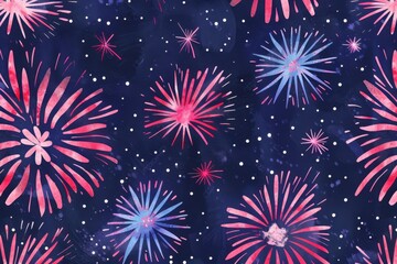Naklejka premium 4th of July Fireworks cute watercolor fireworks with red white blue colors, pink stripes, firecrackers on dark background Generative AI