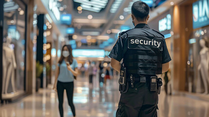 Security guard watches over shoppers in a well-lit shopping mall