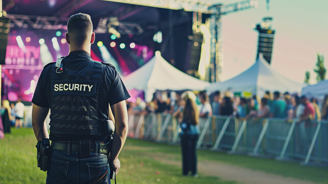Security guard monitoring a crowd of festival-goers as they revel in live music