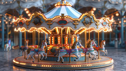 Colorful Carousel Ride with Bright Lights Isolated on White Background