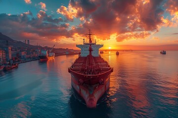 Obraz premium Global Cargo Logistics: International Ship at Industrial Port