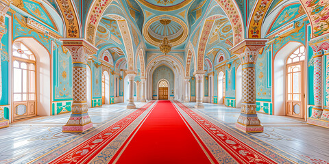 Obraz premium Grand Interior of a Palace or Mosque with Ornate Columns, Arched Ceilings, and a Red Carpet. Architectural and Interior Design Concept