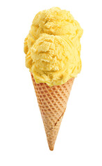 Mango ice cream scoop with cone isolated on white background