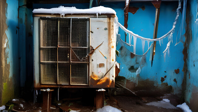 Damaged Split AC & Deep Freezer with Ice Cubes: Rusted, Covered in Spider Webs