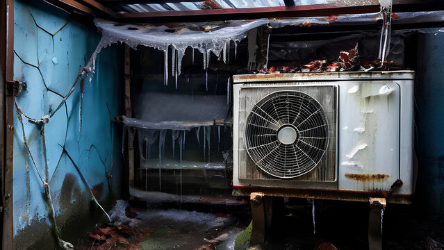 Damaged Split AC & Deep Freezer with Ice Cubes: Rusted, Covered in Spider Webs
