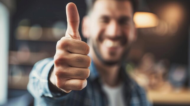 Smiling man giving a thumbs-up gesture, expressing approval and positivity. This image is ideal for motivational content, social media, and business promotions.