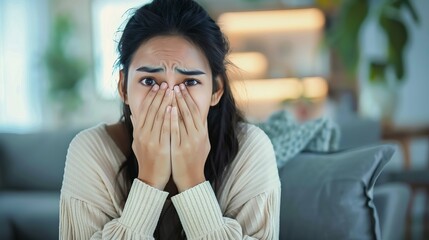 Young woman with wide eyes covering her mouth with both hands in disbelief. The indoor setting and soft lighting create a casual, candid feel. Suitable for emotion, reaction, and lifestyle themes. AI.