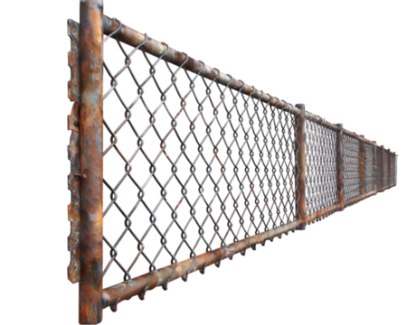Rustic wire mesh fence for construction site on white background