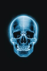A blue x-ray of a human skull on black background, AI