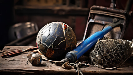 Rusted Baseball Bat, Ball, and Other Sports Items Covered in Spider Webs
