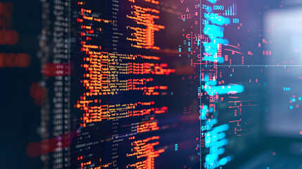 Detailed View of Computer Programming Code Displayed on Screen with Bright Orange and Blue Syntax Highlighting, Complex Algorithms and Data Structures