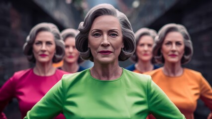 A woman in a colorful shirt is surrounded by other women, AI
