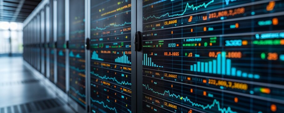 Close-up on server screens displaying colorful financial data graphs emphasizing analytics and insights