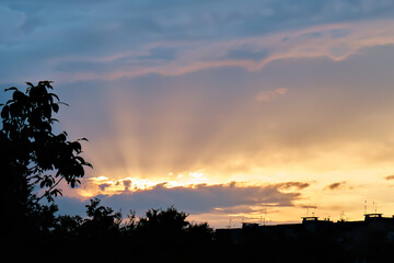 Summer beautiful sunset sky. A low angle shot of the countryside under a gorgeous evening sky. Selective focus