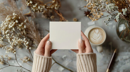 Obraz premium Hands Holding Blank Card Over Cozy Background with Cup of Tea and Dried Flowers in Warm Inviting Atmosphere for Mockup or Invitations