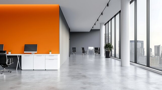 Modern open office space with orange accent wall and large windows. Bright and spacious interior design for productivity. Ideal for corporate, business or creative environments. AI