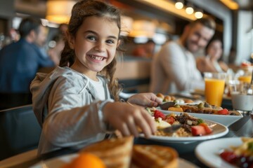 Happy kid and his sister enjoying in buffet breakfast while being in hotel with their parents.