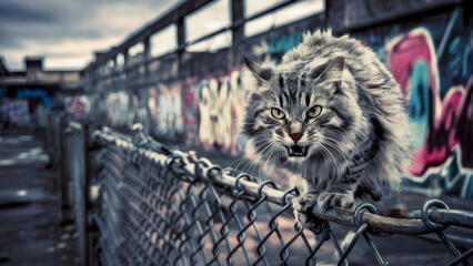 Obraz premium A cat sitting on top of a fence with graffiti all around it, AI