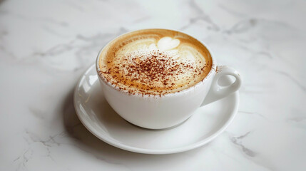 A cup of delicious coffee with cinnamon on a marble table