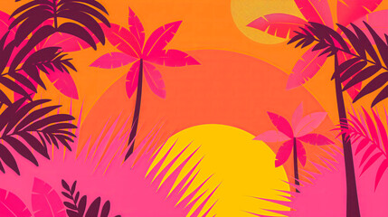 Simplified graphic representation of a tropical sunset with bold geometric shapes in pink and orange hues.