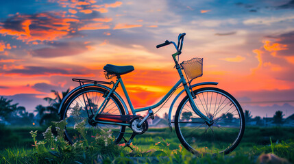 Fototapeta premium A parked bicycle with a beautiful sunset in the background
