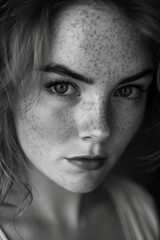 Fototapeta premium A black and white portrait of a young woman with freckles, her intense gaze and detailed features capturing a timeless and captivating beauty