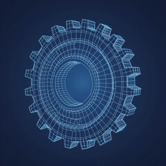 Detailed 3D Wireframe Gear Mesh on Dark Background, Blue Digital Illustration for Technology and Engineering Concepts