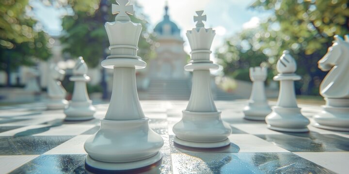 Close-up of chessboard with white pieces