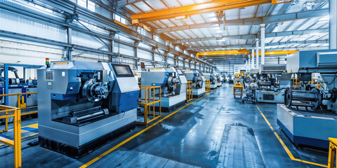Modern industrial machinery inside a spacious factory.