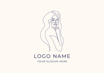 logo lineart woman with long hair and hand on chin. Logo lady, continous line. Editable file