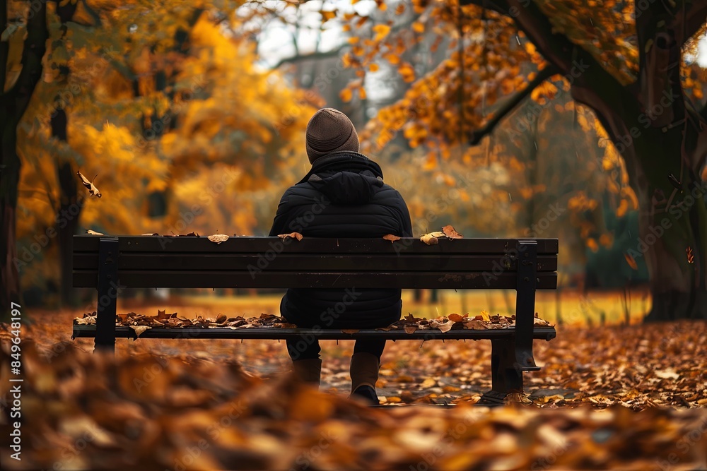 Poster A person sits alone on a bench in a park, surrounded by fallen leaves. The scene is bathed in the soft light of late afternoon, emphasizing a sense of loneliness and reflection. Generative AI
